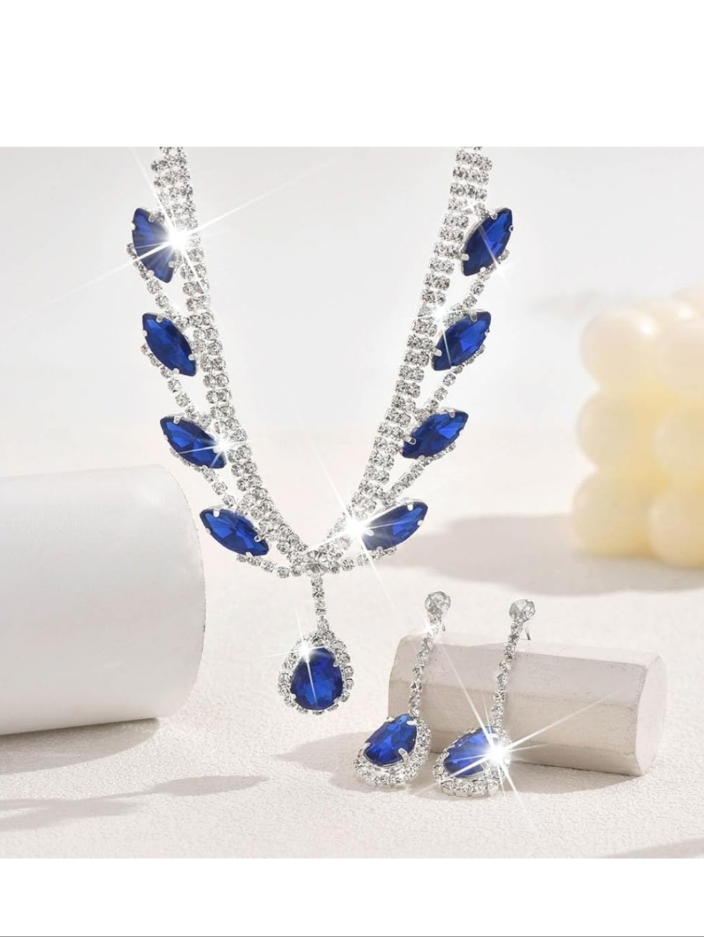 Elegant Silver Necklace and Earring Set with Blue Stones - Women Jewelry - Picture 3 of 6